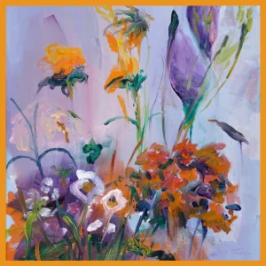 "Vue à plat du bandana en twill de soie Ames Sœurs Édition, modèle 'Recomposé n°2' d'après Clément Montolio. Le foulard révèle la transposition fidèle de la peinture contemporaine : un fond lilas avec une composition florale abstraite aux couleurs orange, violette et verte. Le bord est fini par un roulotté main traditionnel de couleur orange vif."