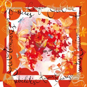 Foulard en twill de soie orange et rouge Tissage d'âme pour l'événement Fête des Mères chez Ames Sœurs Édition à Lyon.