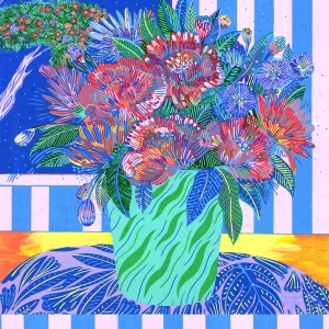Illustration "Les Fleurs du Jardin" par Orane Sigal pour le bandana en coton AmesSoeurs, représentant un grand bouquet de fleurs rouges et bleues dans un vase vert menthe sur fond de rayures bleu ciel et blanc.