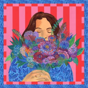 Illustration "Le Parfum des Fleurs" par Orane Sigal pour le bandana en twill de soie AmesSoeurs, montrant une femme tenant un grand bouquet de fleurs colorées sur un fond à rayures rouges et roses avec une bordure bleue.