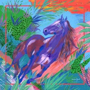 Illustration "Le Cheval de Feu" par Orane Sigal pour le gavroche en twill de soie AmesSoeurs, représentant un cheval violet galopant dans une jungle luxuriante verte et turquoise sous un ciel rouge orangé