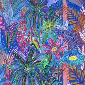 Illustration "Jungle" par Orane Sigal pour l'étole en popeline de coton AmesSoeurs, dévoilant un paysage tropical luxuriant bleu et vert parsemé de papillons sous un soleil jaune éclatant et un ciel rose.