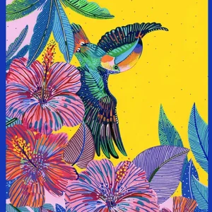 Illustration "Les Trois Toucans" par Orane Sigal pour l'écharpe en twill de soie AmesSoeurs, un paysage exotique vertical avec des toucans colorés, des hibiscus roses et des oiseaux de paradis sur un fond jaune et bleu vif.